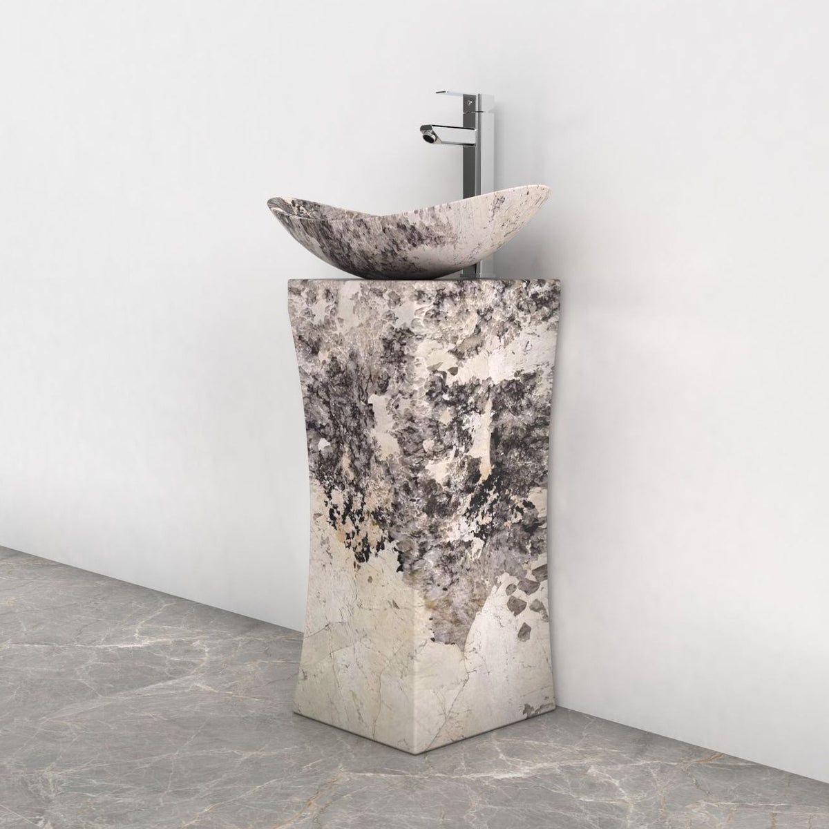 Payal Pandora Blanc Quartzite Pedestal Sink — complete pedestal sink from basin rim to floor in a bathroom corner