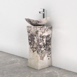 Payal Pandora Blanc Quartzite Pedestal Sink — complete pedestal sink from basin rim to floor in a bathroom corner