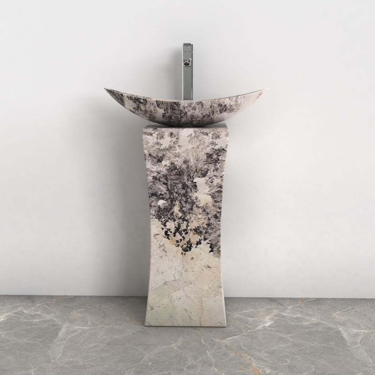 Payal Pandora Blanc Quartzite Pedestal Sink — front bathroom view showing the full basin and pedestal