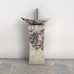 Payal Pandora Blanc Quartzite Pedestal Sink — front bathroom view showing the full basin and pedestal