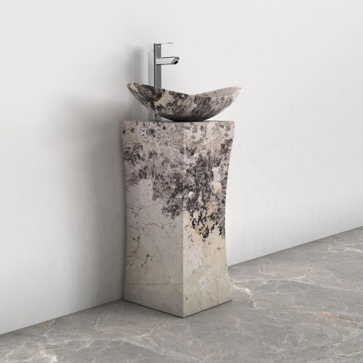 Payal Pandora Blanc Quartzite Pedestal Sink — alternate room angle showing the complete profile