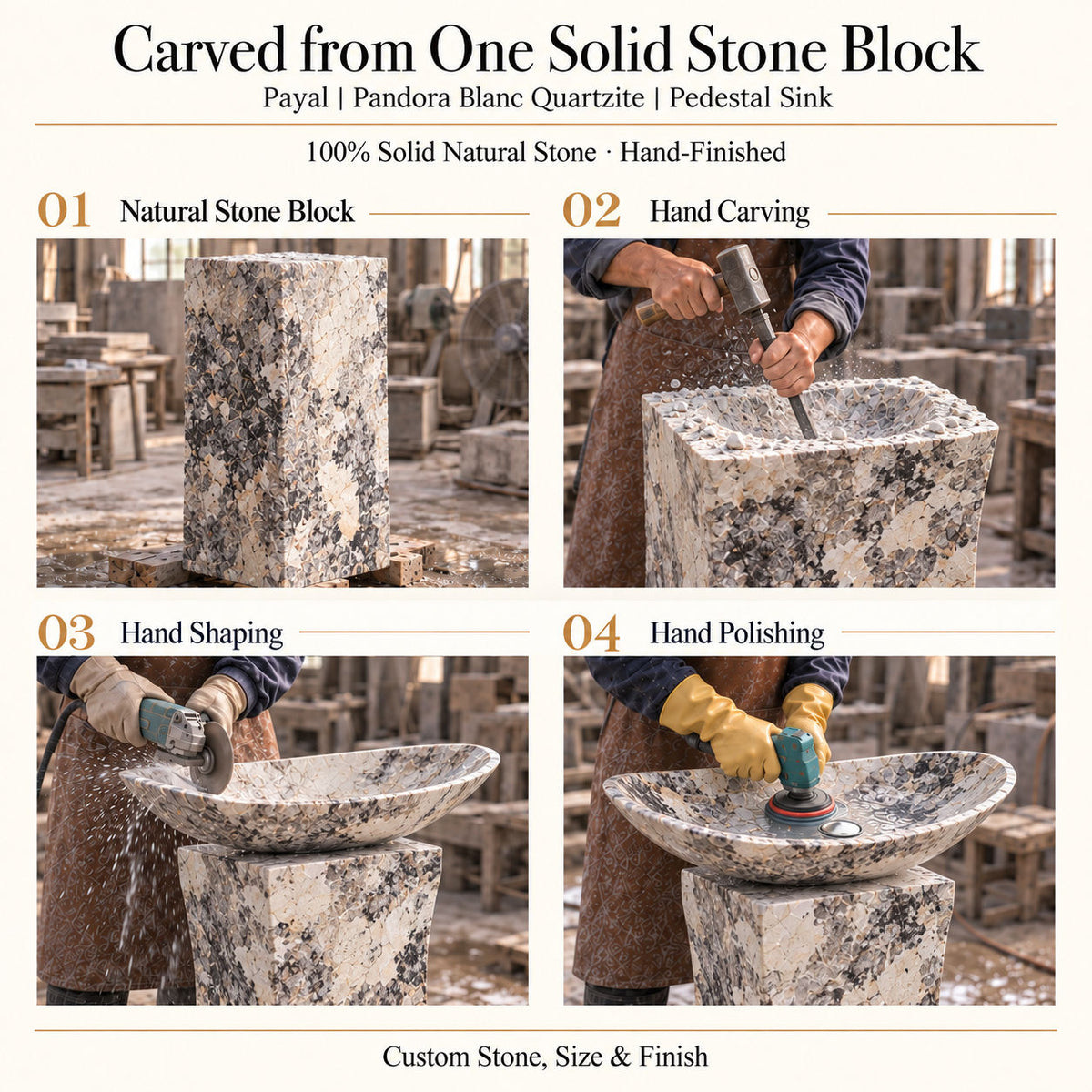 Payal Pandora Blanc Quartzite Pedestal Sink carved from one solid natural stone block with hand carving, shaping and polishing