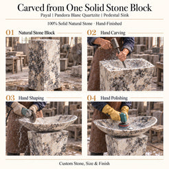 Payal Pandora Blanc Quartzite Pedestal Sink carved from one solid natural stone block with hand carving, shaping and polishing