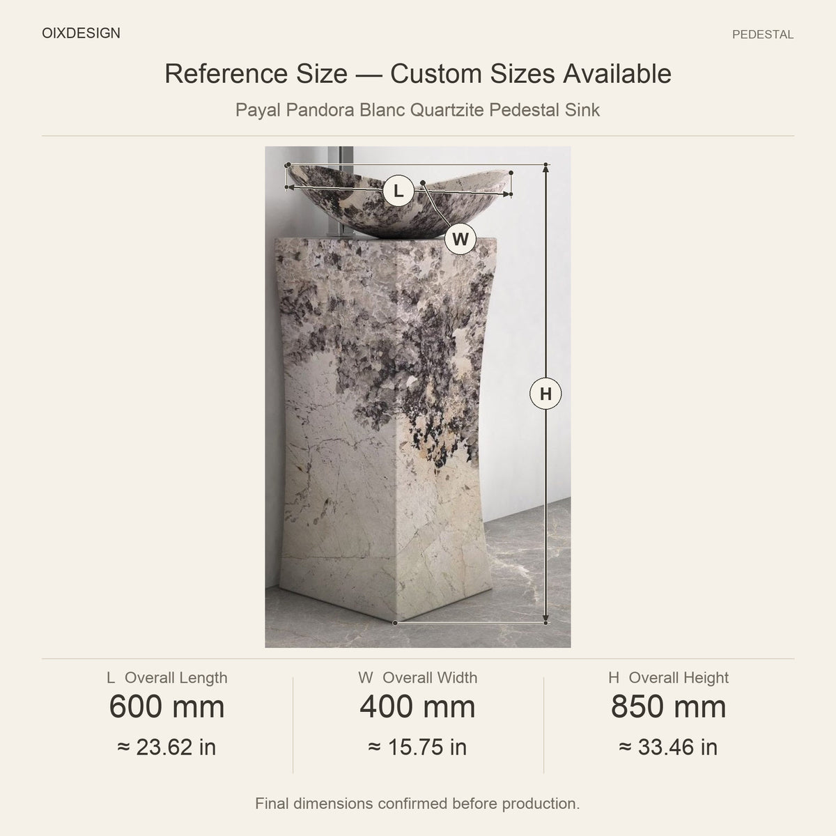 Payal Pandora Blanc Quartzite Pedestal Sink reference overall dimensions in millimeters and inches