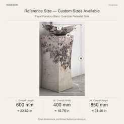 Payal Pandora Blanc Quartzite Pedestal Sink reference overall dimensions in millimeters and inches