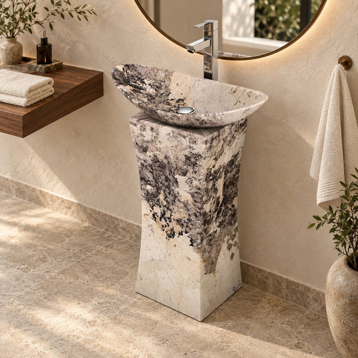 Payal Pandora Blanc Quartzite Pedestal Sink — elevated three-quarter full pedestal bathroom lifestyle