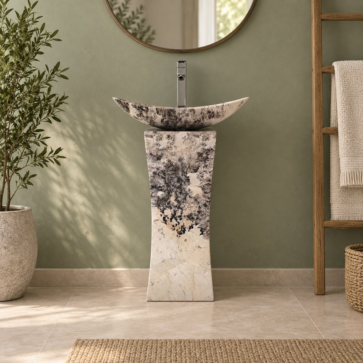 Payal Pandora Blanc Quartzite Pedestal Sink — frontal full pedestal bathroom lifestyle