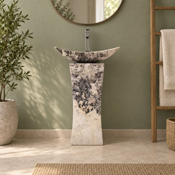Payal Pandora Blanc Quartzite Pedestal Sink — frontal full pedestal bathroom lifestyle