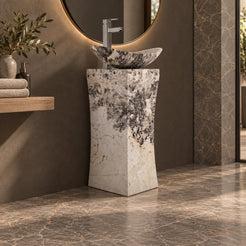 Payal Pandora Blanc Quartzite Pedestal Sink — low opposite-side full pedestal bathroom lifestyle