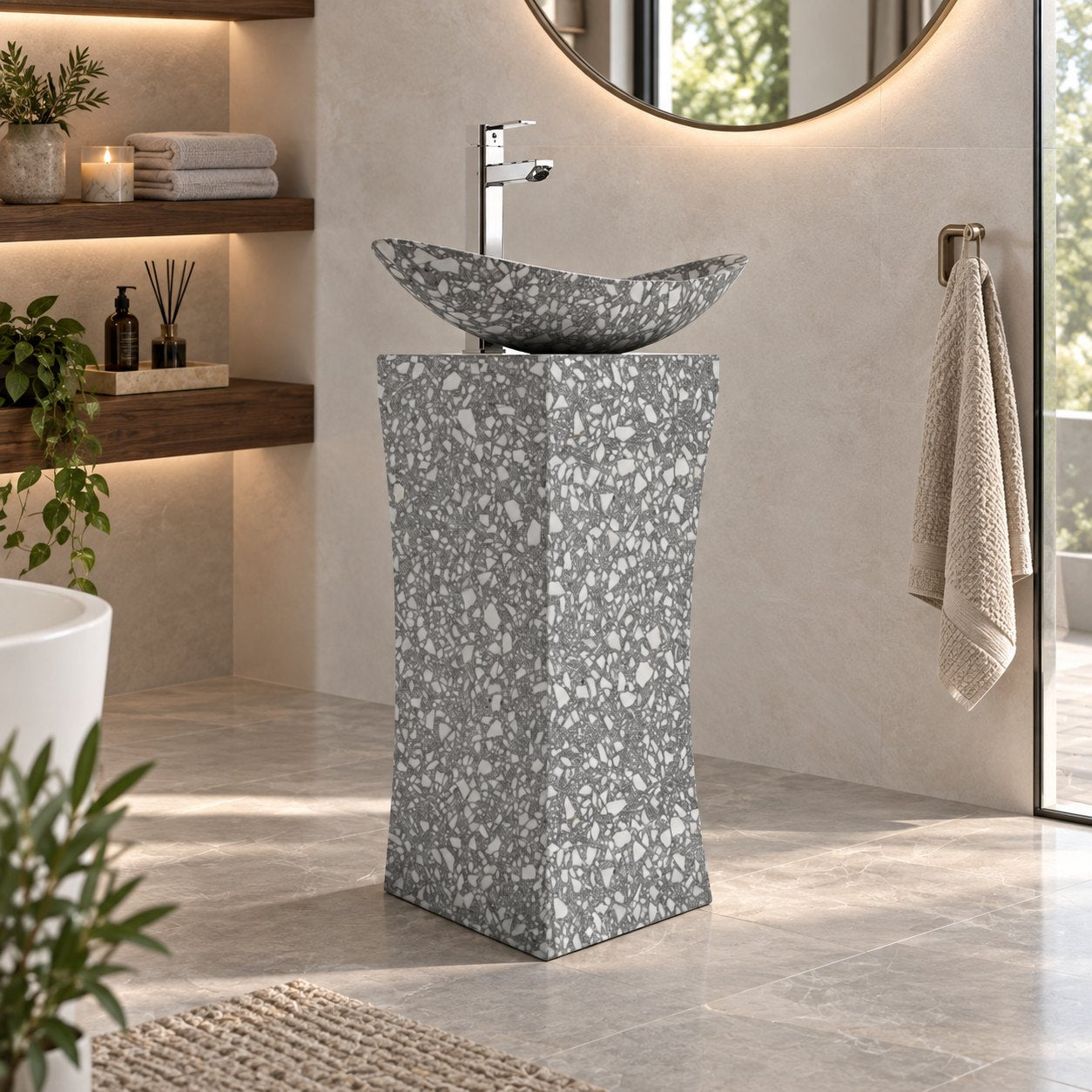 Payal Silver Grey Terrazzo Pedestal Sink — three-quarter full pedestal bathroom lifestyle