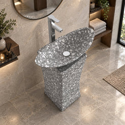 Payal Silver Grey Terrazzo Pedestal Sink — elevated full pedestal bathroom lifestyle