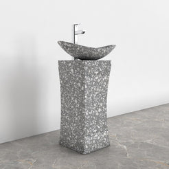Payal Silver Grey Terrazzo Pedestal Sink — complete oval basin and pedestal in a bathroom corner