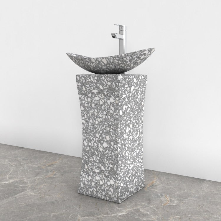 Payal Silver Grey Terrazzo Pedestal Sink — opposite bathroom angle showing the full bowl and column