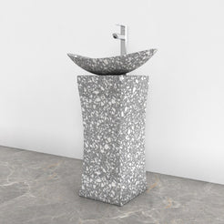 Payal Silver Grey Terrazzo Pedestal Sink — opposite bathroom angle showing the full bowl and column