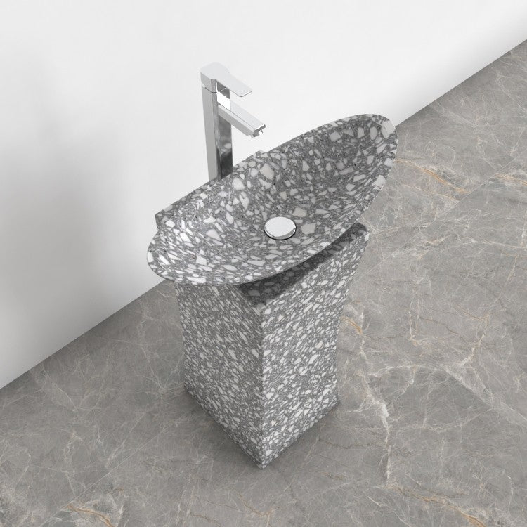 Payal Silver Grey Terrazzo Pedestal Sink — basin interior and pale aggregate in the grey terrazzo