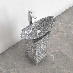 Payal Silver Grey Terrazzo Pedestal Sink — basin interior and pale aggregate in the grey terrazzo