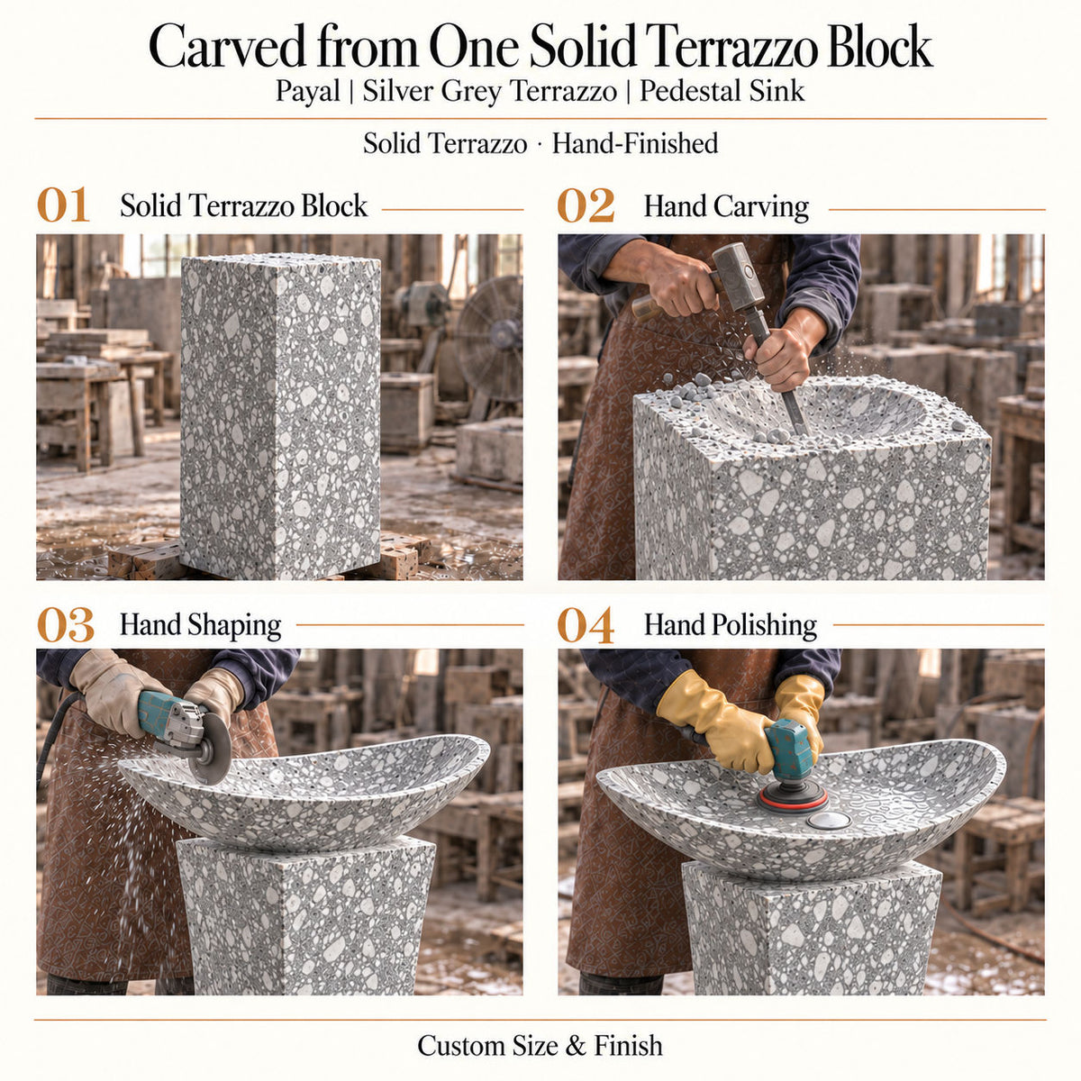 Payal Silver Grey Terrazzo Pedestal Sink carved from one solid terrazzo block with hand carving, shaping and polishing