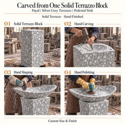 Payal Silver Grey Terrazzo Pedestal Sink carved from one solid terrazzo block with hand carving, shaping and polishing