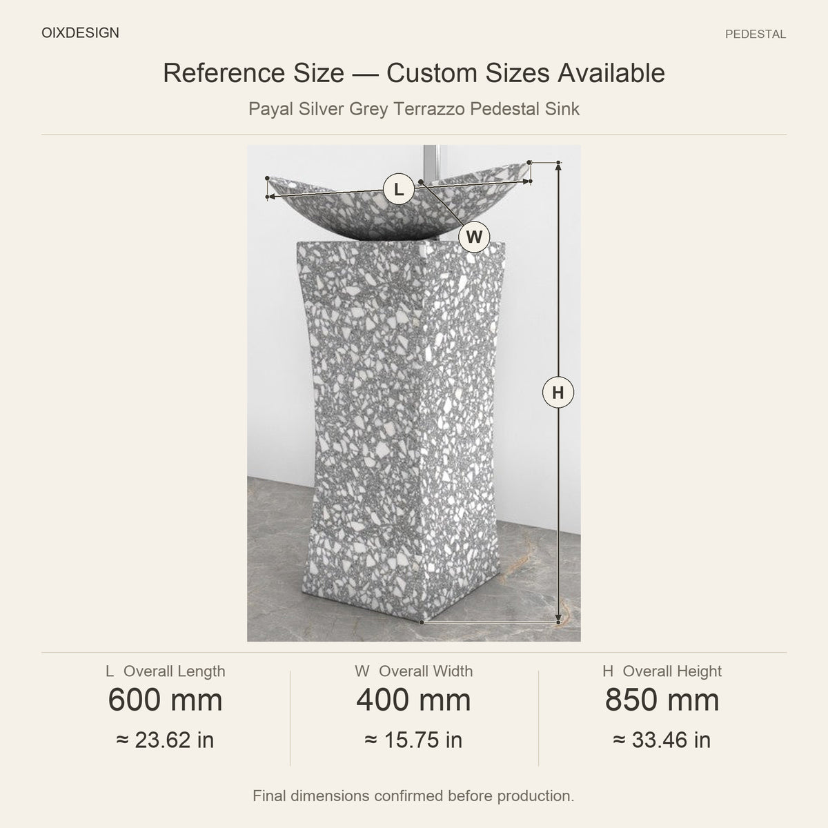 Payal Silver Grey Terrazzo Pedestal Sink reference overall dimensions in millimeters and inches