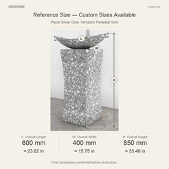 Payal Silver Grey Terrazzo Pedestal Sink reference overall dimensions in millimeters and inches