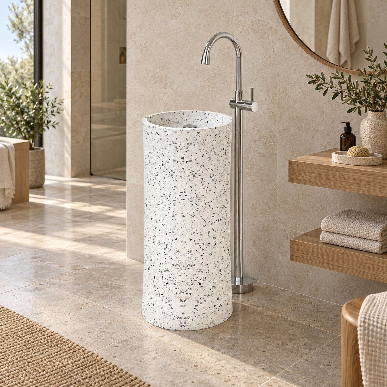 Pazia Alba White Terrazzo Pedestal Sink — three-quarter full pedestal bathroom lifestyle