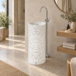 Pazia Alba White Terrazzo Pedestal Sink — three-quarter full pedestal bathroom lifestyle