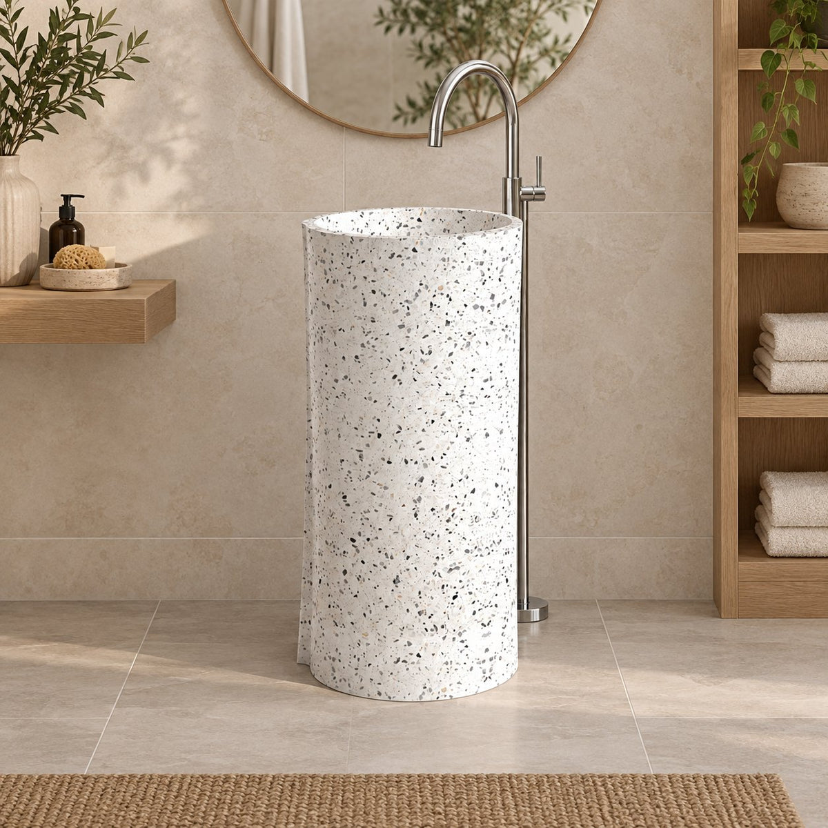 Pazia Alba White Terrazzo Pedestal Sink — frontal full pedestal bathroom lifestyle