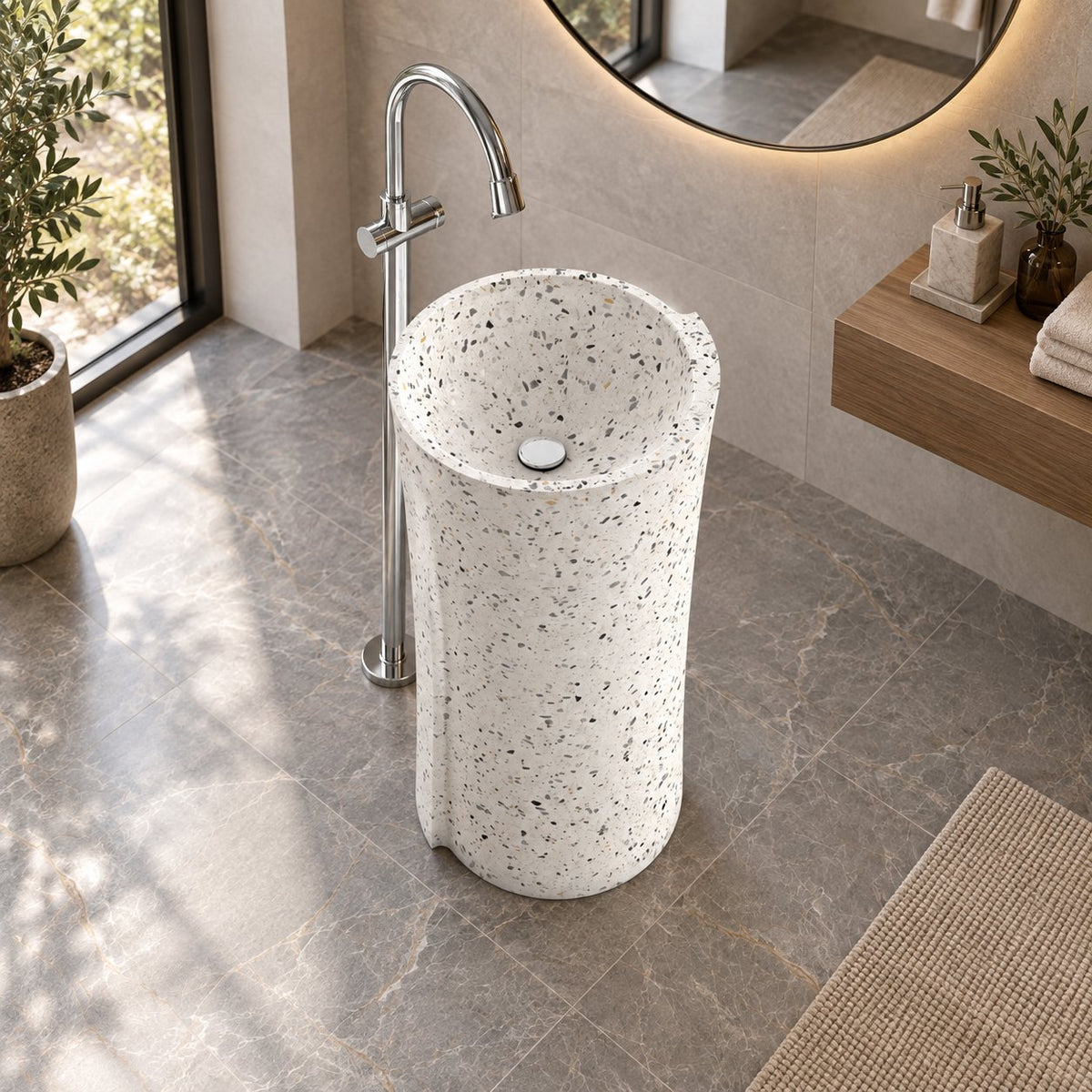 Pazia Alba White Terrazzo Pedestal Sink — elevated opposite-side full pedestal bathroom lifestyle