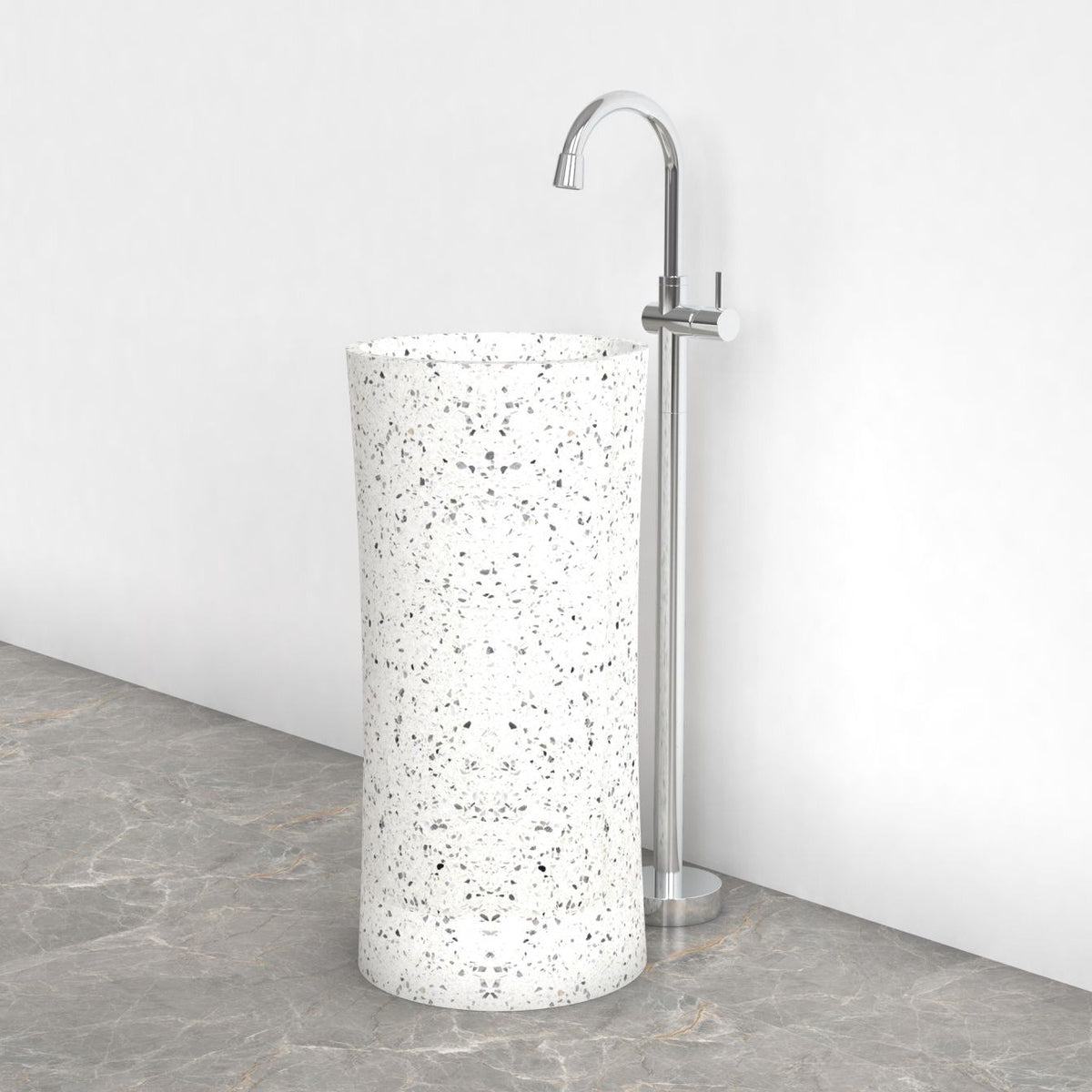 Pazia Alba White Terrazzo Pedestal Sink — complete pedestal and wash basin in a bathroom setting