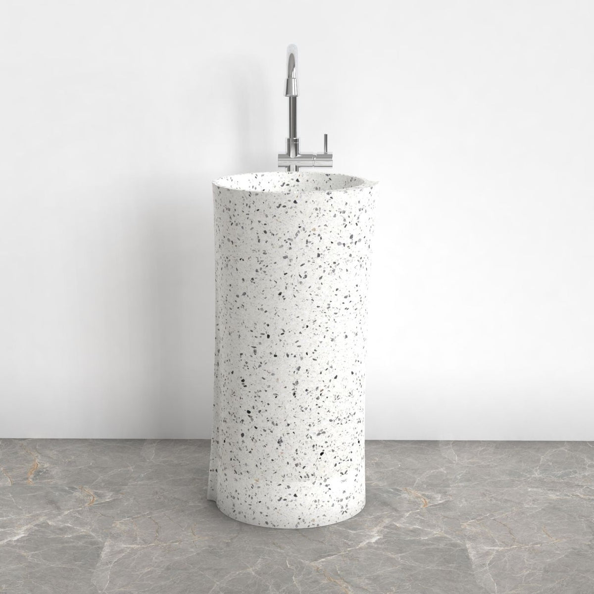 Pazia Alba White Terrazzo Pedestal Sink — front room view showing the full-height pedestal