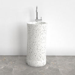 Pazia Alba White Terrazzo Pedestal Sink — front room view showing the full-height pedestal