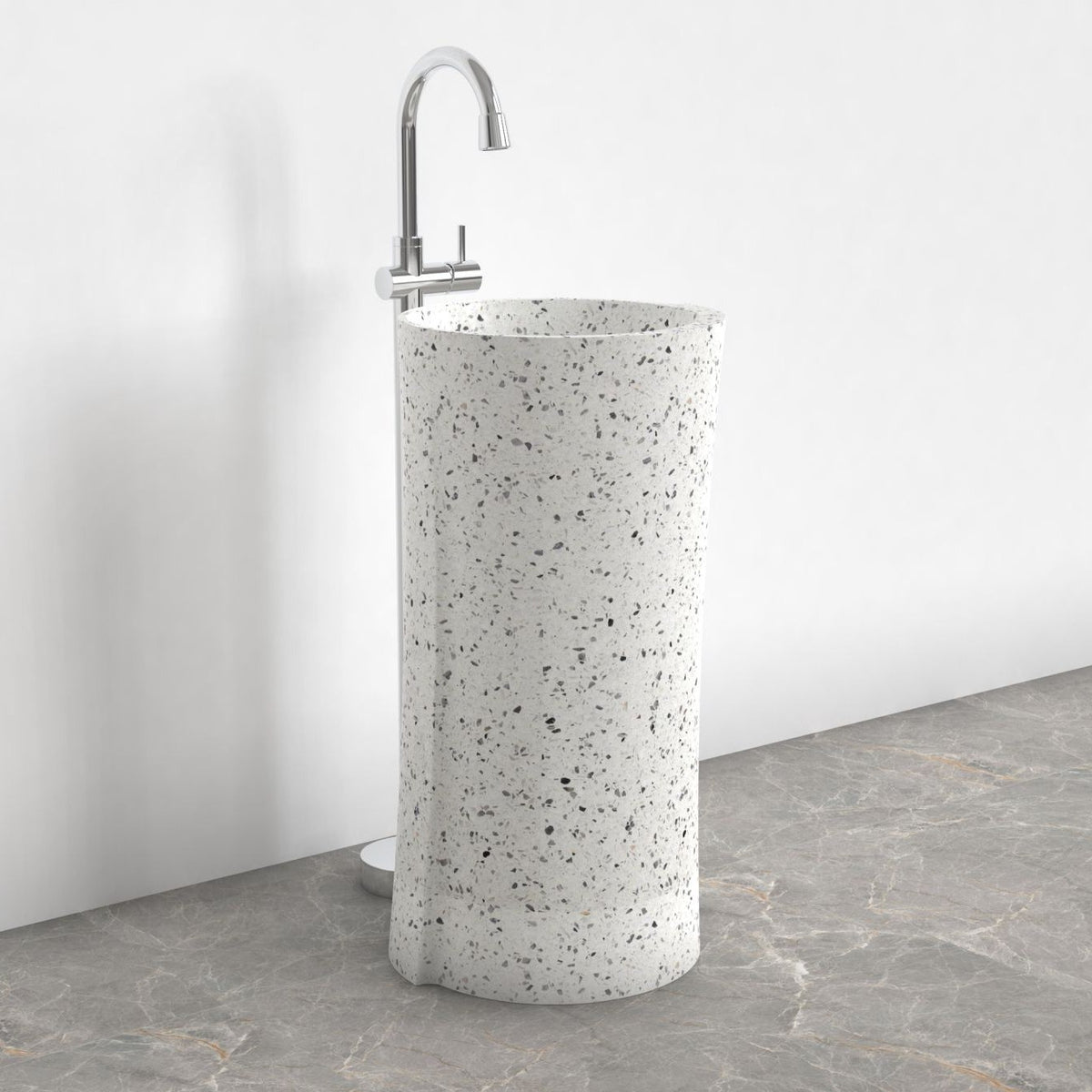 Pazia Alba White Terrazzo Pedestal Sink — alternate room angle showing the complete product profile