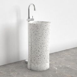 Pazia Alba White Terrazzo Pedestal Sink — alternate room angle showing the complete product profile