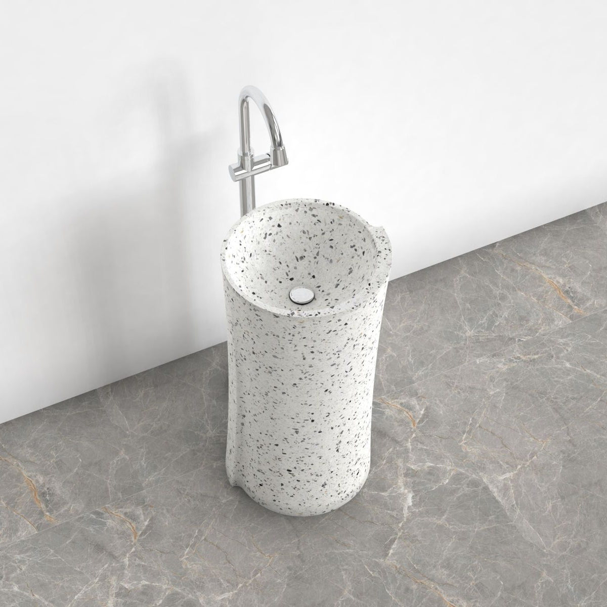Pazia Alba White Terrazzo Pedestal Sink — upper basin view with rim, interior and fine terrazzo aggregate