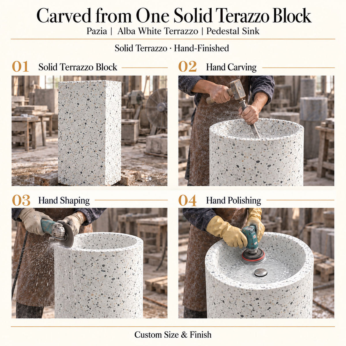 Pazia Alba White Terrazzo Pedestal Sink carved from one solid terrazzo block with hand carving, shaping and polishing