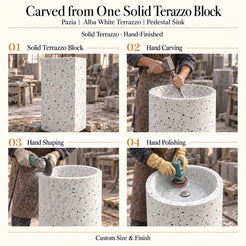 Pazia Alba White Terrazzo Pedestal Sink carved from one solid terrazzo block with hand carving, shaping and polishing