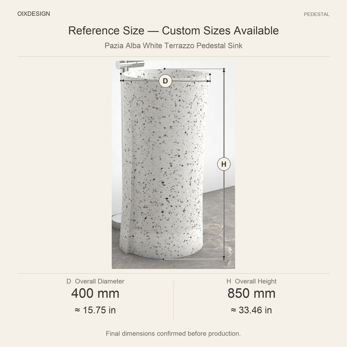 Pazia Alba White Terrazzo Pedestal Sink reference overall dimensions in millimeters and inches