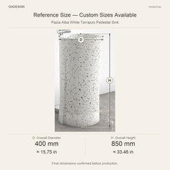 Pazia Alba White Terrazzo Pedestal Sink reference overall dimensions in millimeters and inches