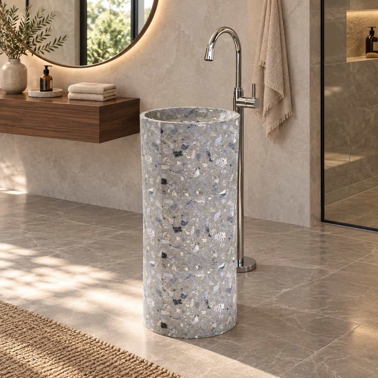 Pazia Grey Terrazzo Pedestal Sink — three-quarter full pedestal bathroom lifestyle