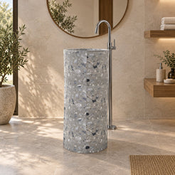 Pazia Grey Terrazzo Pedestal Sink — low frontal full pedestal bathroom lifestyle