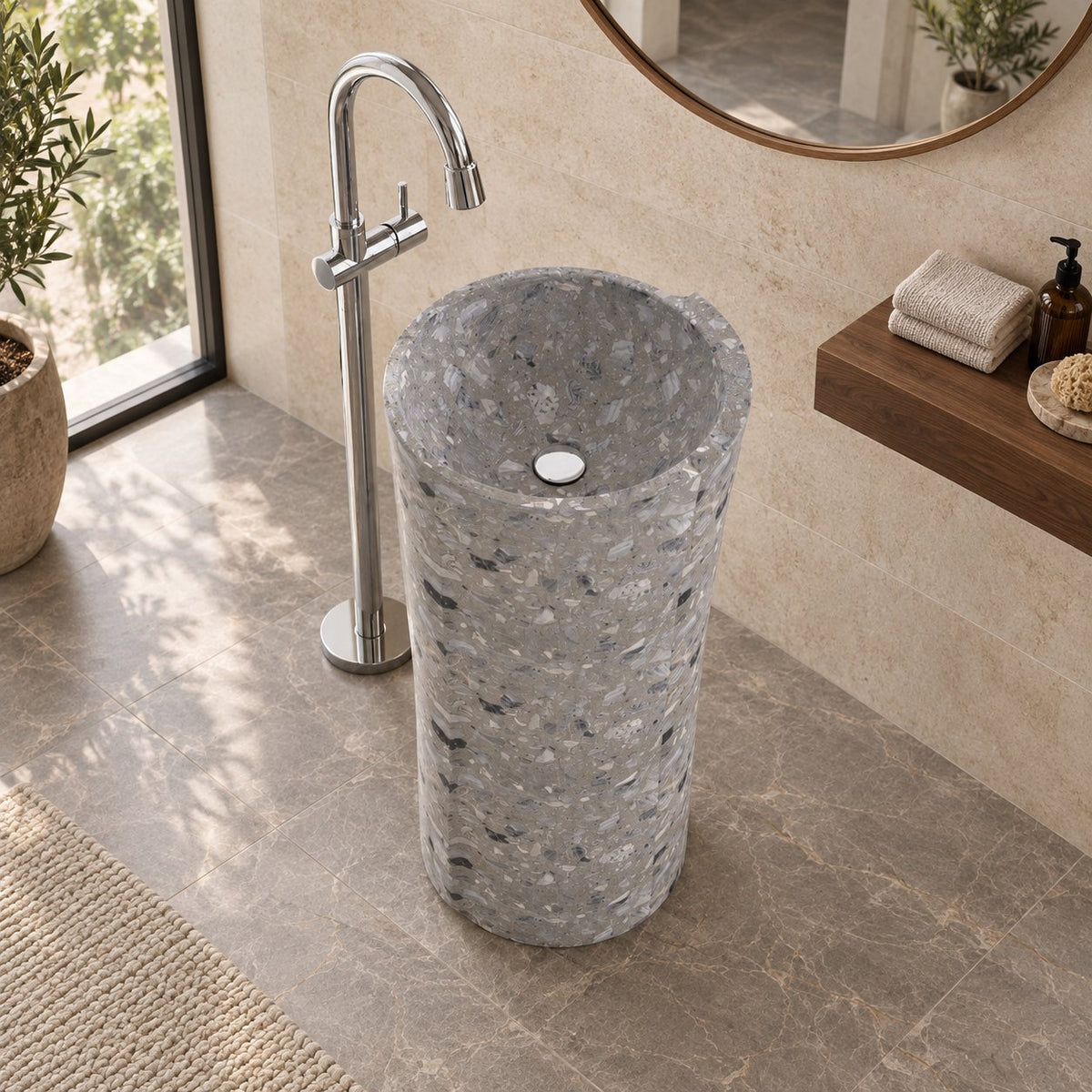 Pazia Grey Terrazzo Pedestal Sink — elevated opposite-side full pedestal bathroom lifestyle