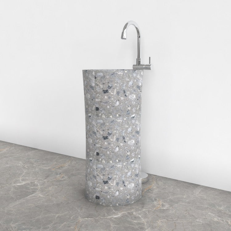 Pazia Grey Terrazzo Pedestal Sink — complete floor-standing sink in a bathroom corner