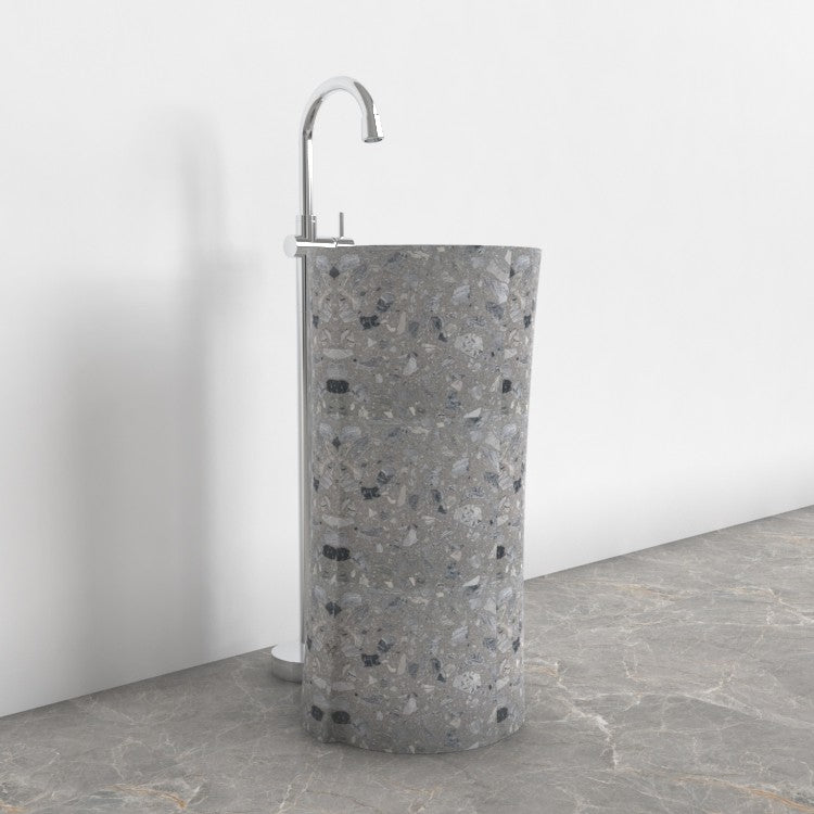 Pazia Grey Terrazzo Pedestal Sink — opposite room angle showing the basin and complete base