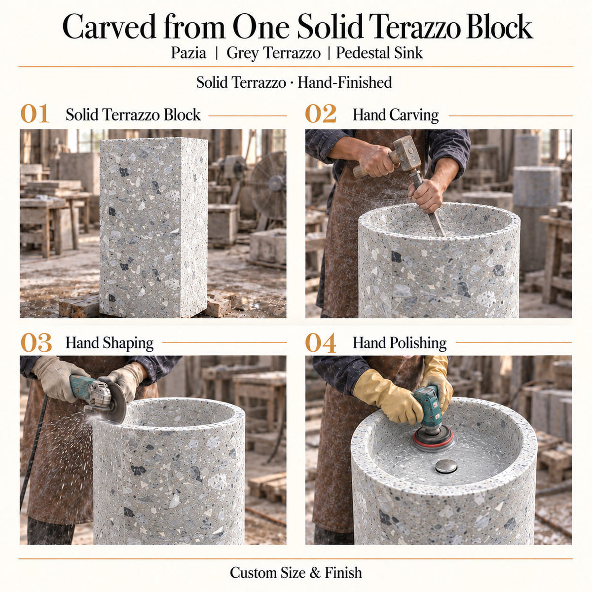 Pazia Grey Terrazzo Pedestal Sink carved from one solid terrazzo block with hand carving, shaping and polishing