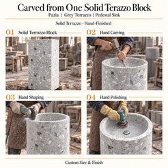 Pazia Grey Terrazzo Pedestal Sink carved from one solid terrazzo block with hand carving, shaping and polishing