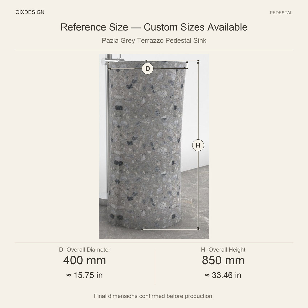 Pazia Grey Terrazzo Pedestal Sink reference overall dimensions in millimeters and inches