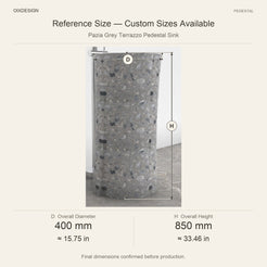 Pazia Grey Terrazzo Pedestal Sink reference overall dimensions in millimeters and inches