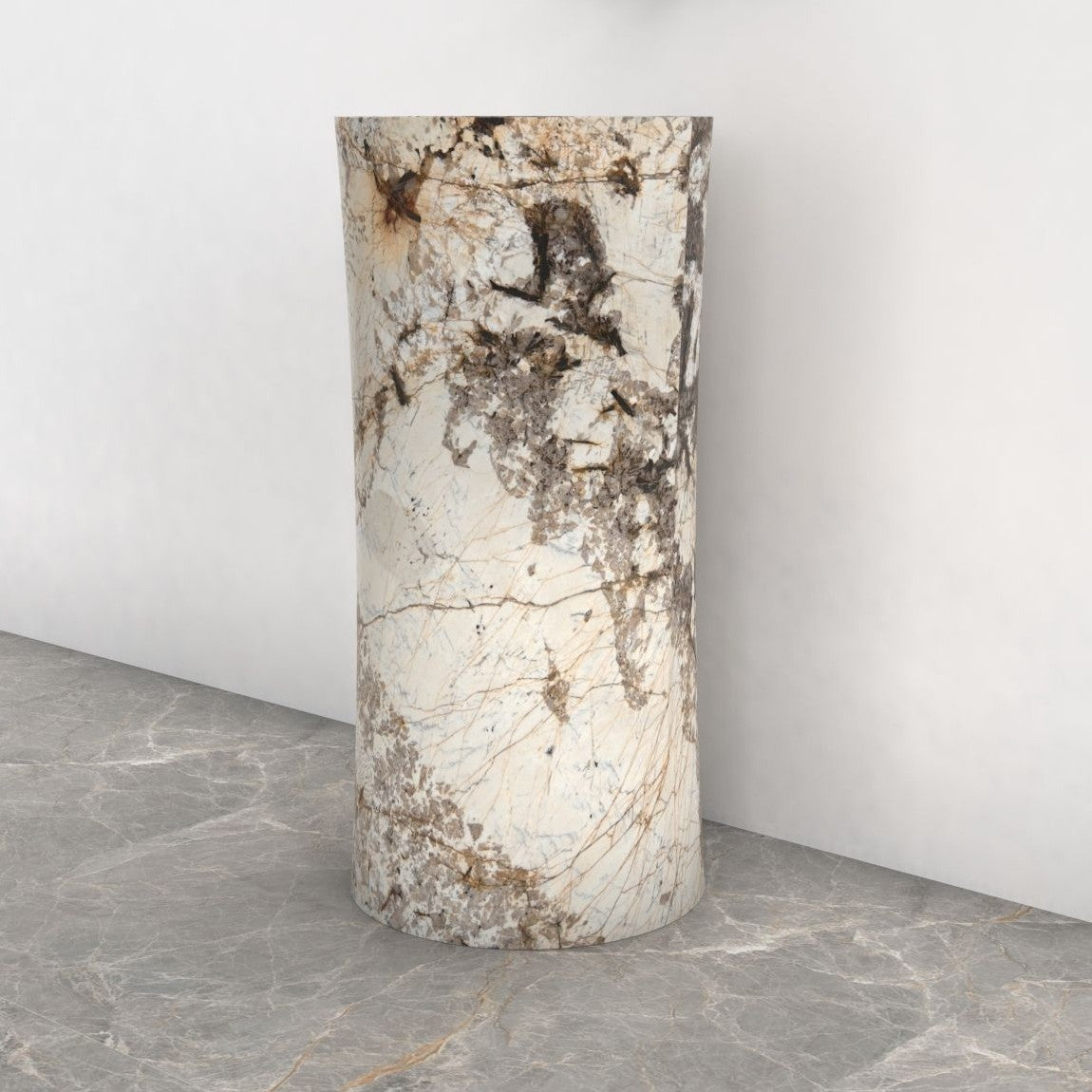 Pazia Pandora Blanc Quartzite Pedestal Sink — complete pedestal sink from basin rim to floor in a bathroom corner