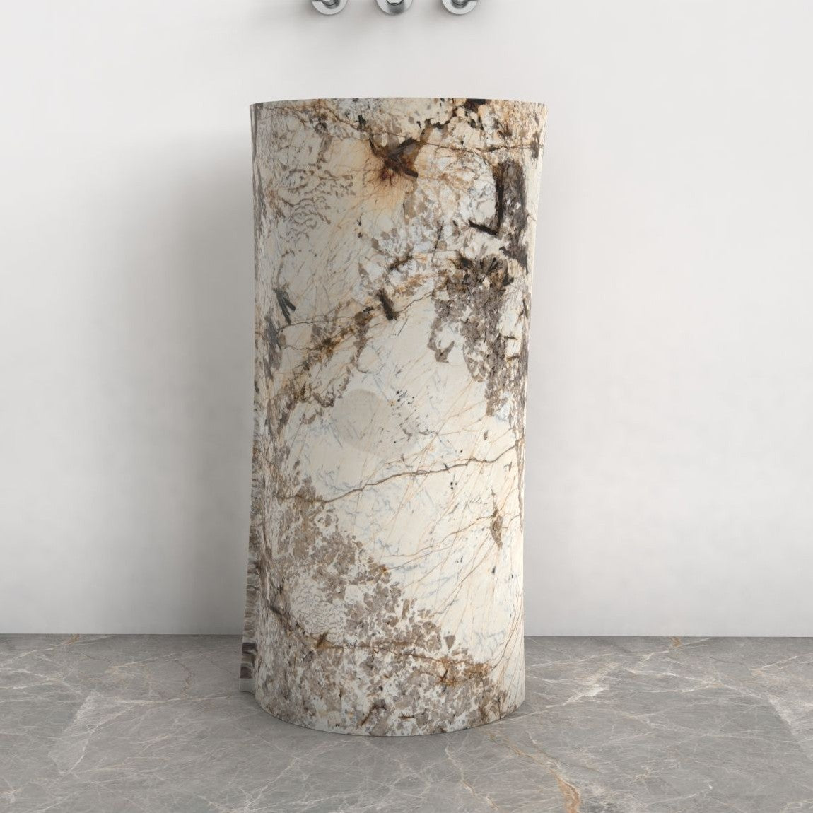 Pazia Pandora Blanc Quartzite Pedestal Sink — front bathroom view showing the full basin and pedestal