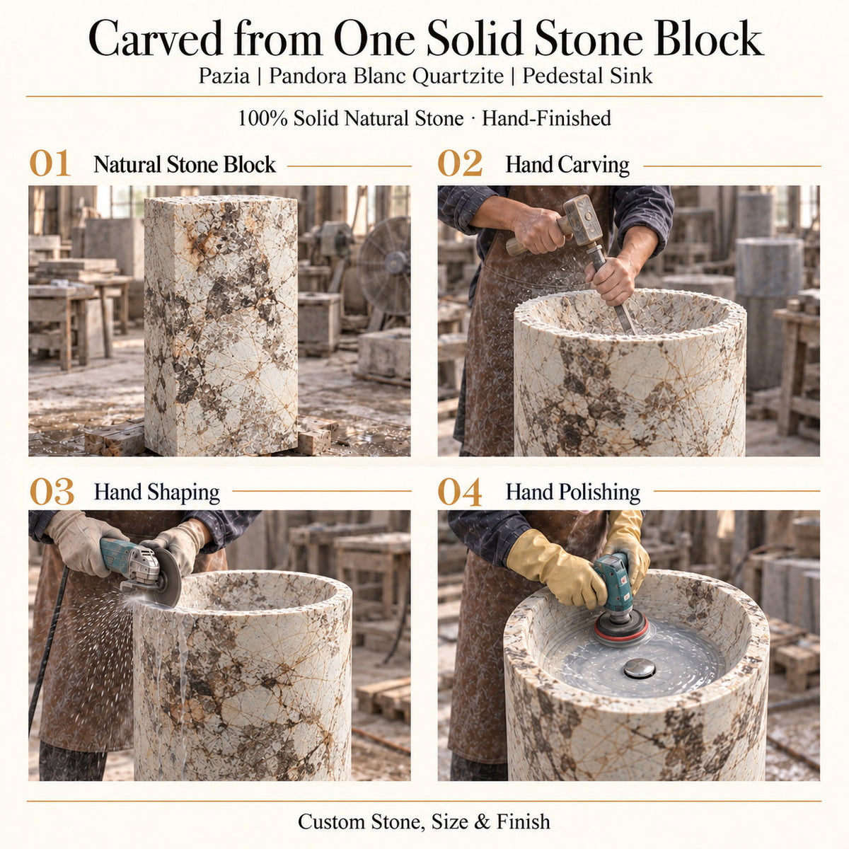 Pazia Pandora Blanc Quartzite Pedestal Sink carved from one solid natural stone block with hand carving, shaping and polishing